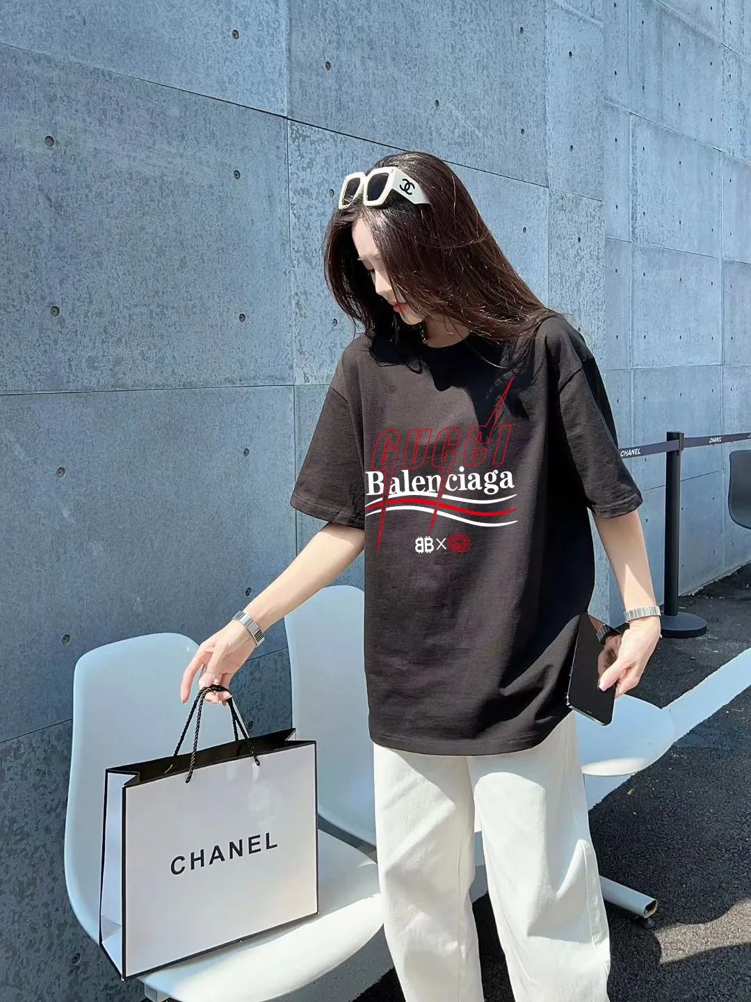 P80✨🔥 [Gucci co-branded with Balenciaga] 2026FW short-sleeved T-shirt printed letter logo Premium 26s double yarn 300g fabric heavy fabric custom stretcher rib same vat and dye complete three labels men and women Same Style Color: Black White Apricot Size: S M L XL XXL